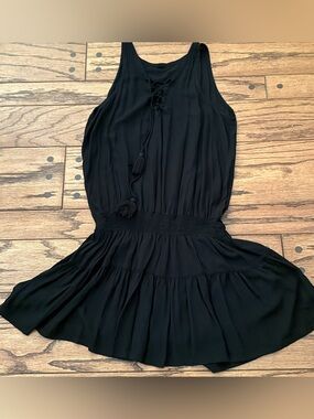 Coolchange Black Sleeveless Smocked Waist Tiered Rayon Dress Front Tie Resort M